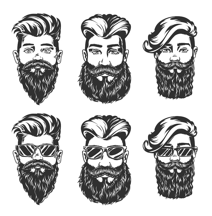 Vetor esboços de estilo de barba e penteado hipster de rostos masculinos com cortes de cabelo da moda, barbas, bigodes e óculos, isolados