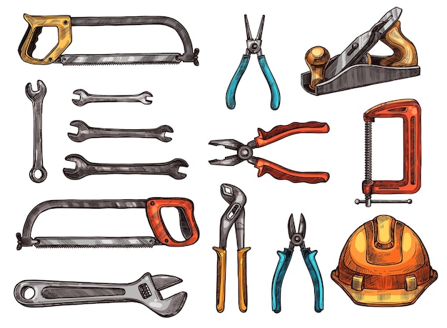 Esboços isolados de instrumento de trabalho de ferramenta manual