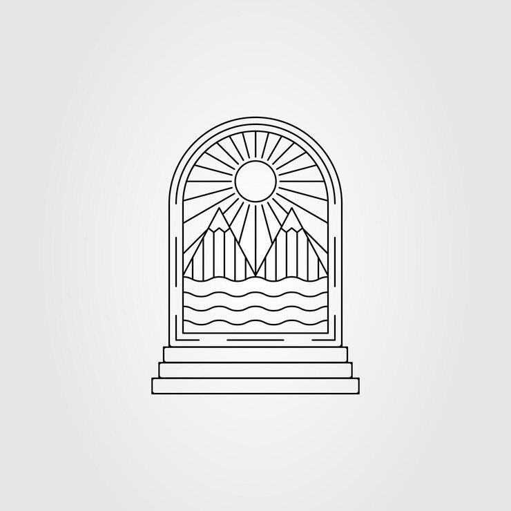 Vetor escada com o pôr do sol da montanha e vista para o mar linha de arte design de ilustração vetorial