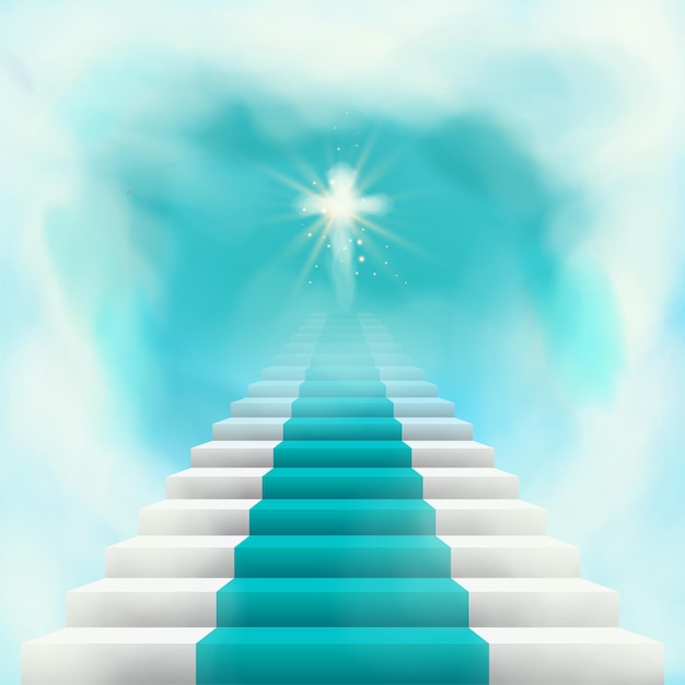 Vetor escadaria que leva ao céu cruz sagrada brilhante no topo