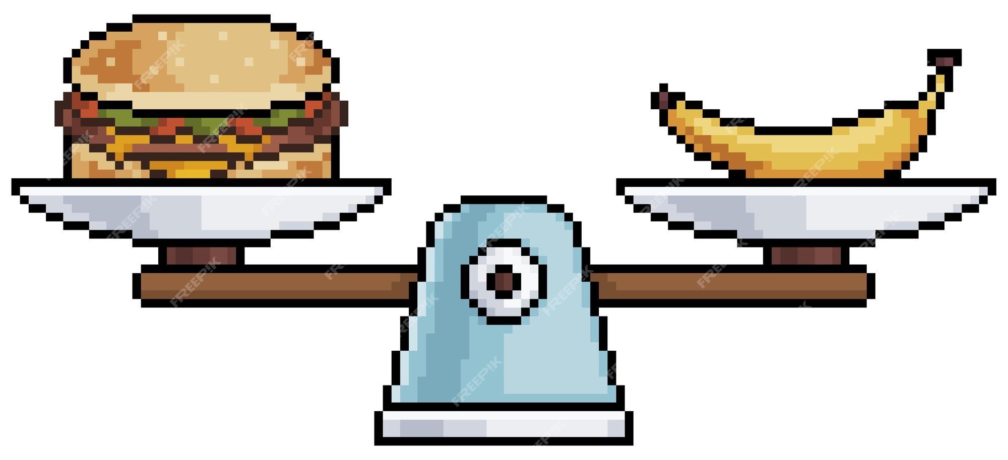 Escala de comida de pixel art comida saudável vs ícone de vetor de