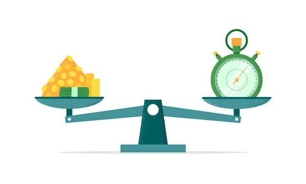 Escala de equilíbrio equidade de dinheiro e tempo preço do trabalho comparação do relógio com dólares comparação do equilíbrio financeiro pilha de moedas de ouro e relógio medição de custos ícone de negócios vetoriais