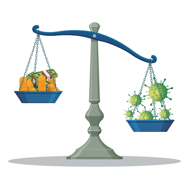 Escala o peso de equilíbrio money e ilustração covid-19.