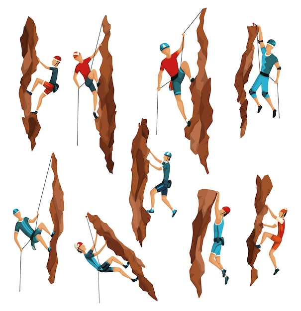 Vetor escalada de montanha. homens escalando uma montanha rochosa com equipamento profissional. esporte de bouldering. cena do jogo isolada no fundo branco.