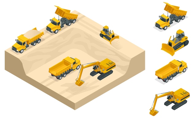 Vetor escavadeiras e tratores cavam um poço na pedreira de areia. técnico de máquinas da indústria de alta mineração envolvido na extração de areia. ilustração gráfica de vetor de conjunto de ícones isométricos