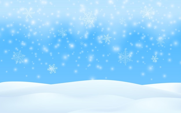 Vetor escena da estação de inverno feliz natal neve fundo flocos de neve caindo paisagem de inverno céu azul