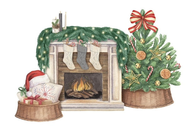 Escena de Natal aconchegante de lareira e árvore de Natal decorada a mão desenhada aquarela inverno