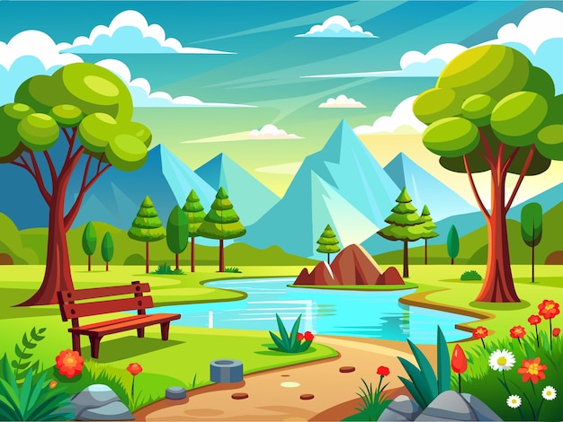 Vetor escena de paisagem de floresta com rio e muitas árvores ilustração vetorial