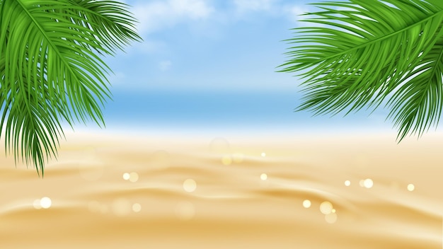 Escena de praia tropical com folhas de palmeira, areia e oceano sob um céu azul