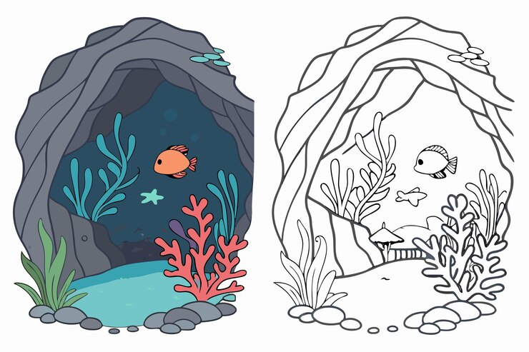 Escena de uma caverna subaquática com peixes e corais