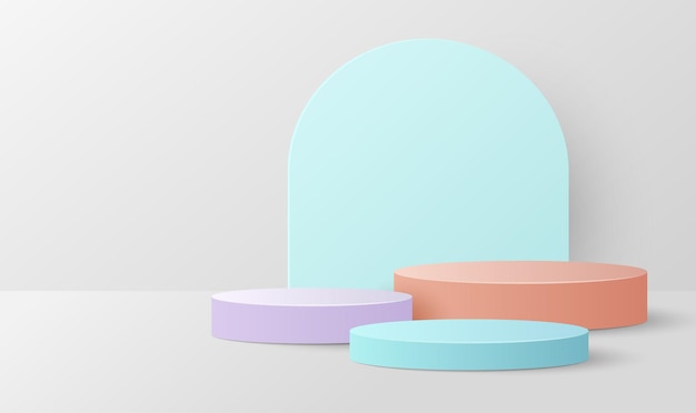 Vetor escena mínima com pódio de cilindro de cor pastel em fundo cinza apresentação de produto mock-up de exibição de cosméticos ilustração vetorial