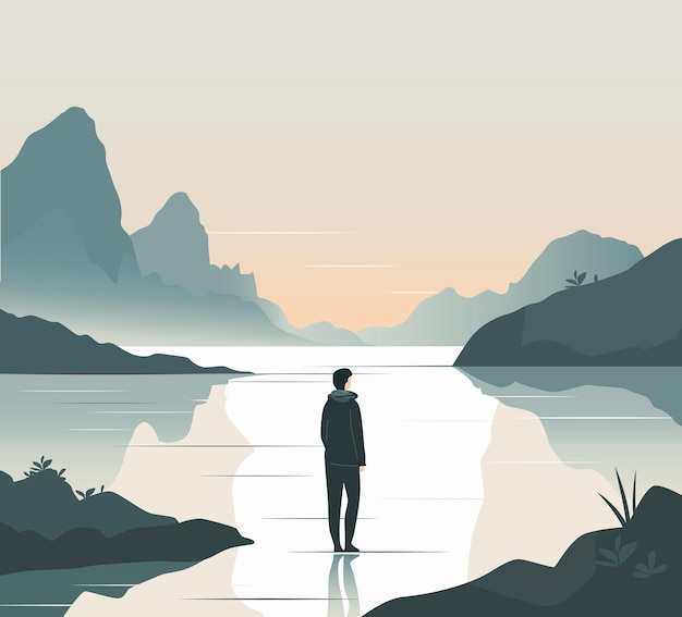Escena turística em estilo plano Jovem veio relaxar na margem do lago Ilustração em pastel