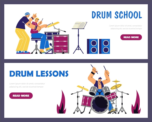 Escola de bateria e banners de sites de aulas de percussão definir ilustração vetorial plana