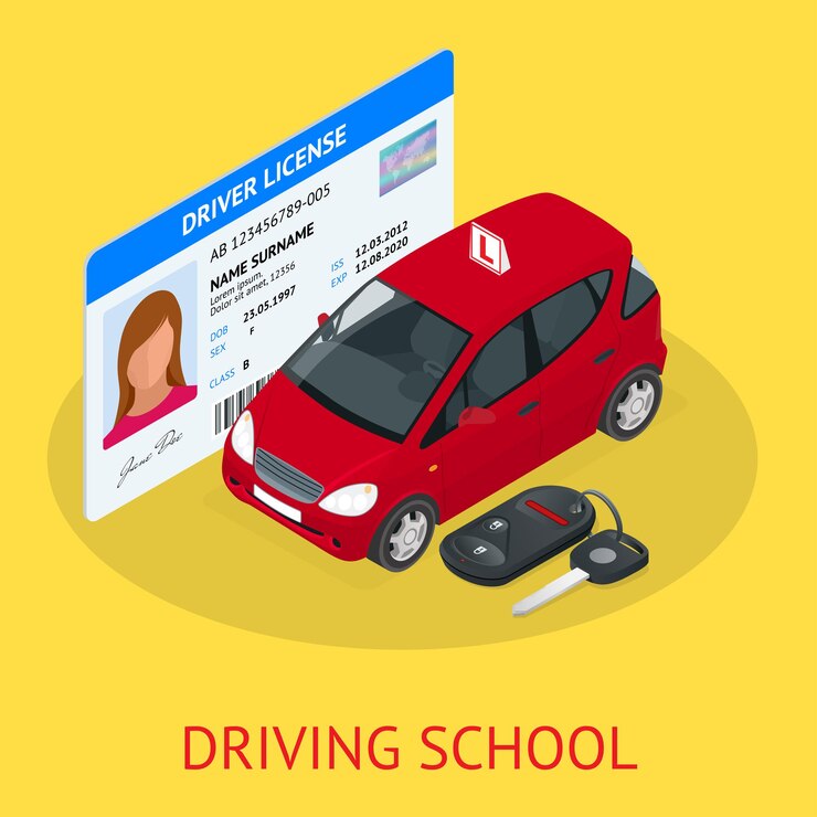 Escola de condução de conceito de design ou aprendendo a dirigir. Ilustração isométrica plana.