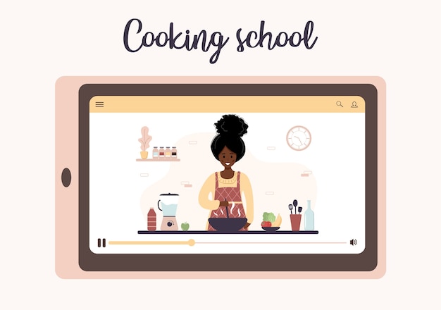 Vetor escola de culinaria. master class online de culinária. blogueira de mulher africana.