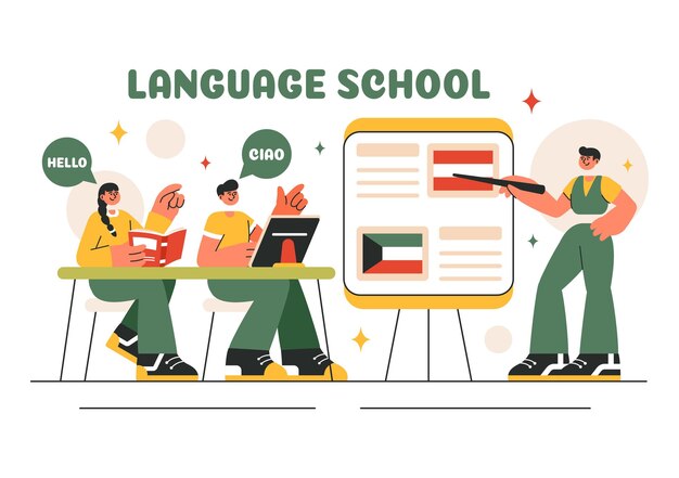 Escola Ilustração vetorial de cursos de aprendizagem on-line Programas de treinamento e estudo de línguas estrangeiras no exterior em um fundo de estilo plano