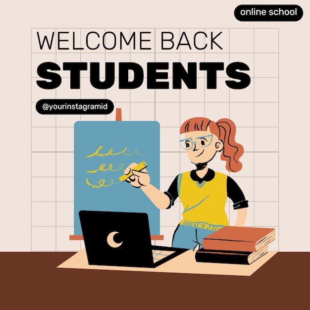 Vetor escola on-line de ilustração simples marrom e preta, alunos de boas-vindas, postagem no instagram