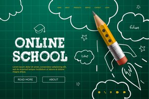 Escola online. tutoriais e cursos digitais na internet, educação on-line, e-learning. modelo de banner da web para site, página de destino e desenvolvimento de aplicativos para dispositivos móveis. ilustração do estilo doodle