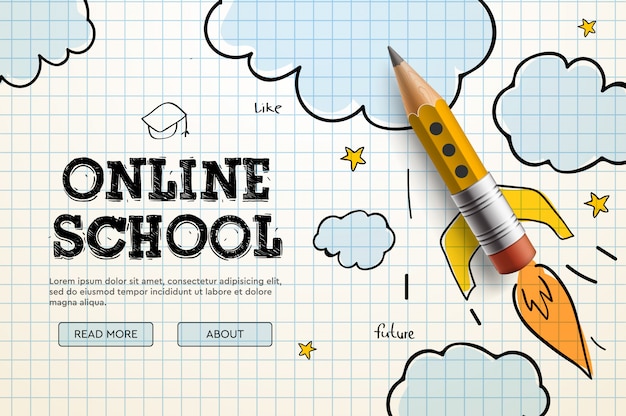 Vetor escola online. tutoriais e cursos na internet digital, educação on-line. modelo de banner para o desenvolvimento de sites e aplicativos móveis. ilustração do estilo doodle