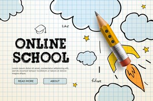 Escola online. tutoriais e cursos na internet digital, educação on-line. modelo de banner para o desenvolvimento de sites e aplicativos móveis. ilustração do estilo doodle