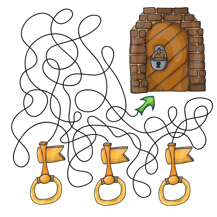 Vetor escolha a chave da porta - jogo de labirinto para crianças