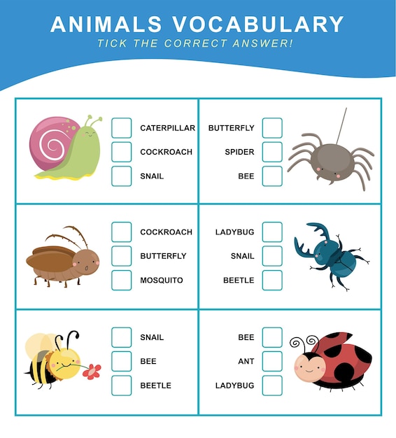 Escolha a resposta correta. vocabulário de animais. planilha para pré-escola. jogo educativo de teste de palavras