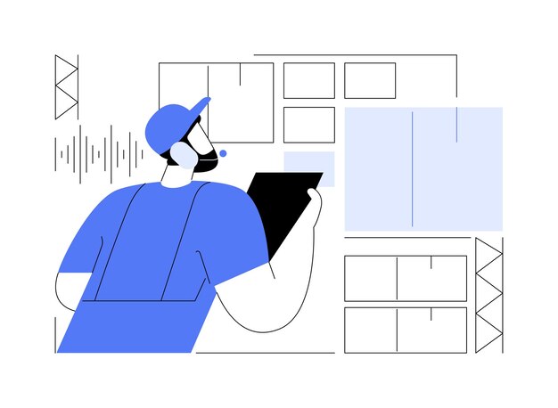 Vetor escolha de voz conceito abstrato ilustração vetorial gerente de armazém inteligente com tarefas de fone de ouvido usando inventário de estoque de aplicativo de reconhecimento de voz tecnologias modernas sistema vdw metáfora abstrata