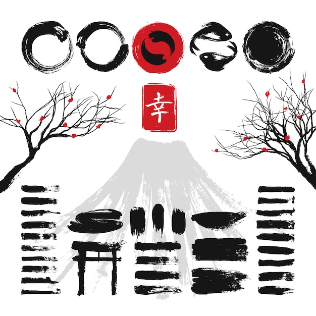 Escovas japonesas da arte do grunge da tinta e grupo asiático do vetor dos elementos do projeto. Ilustração de traço de textura tinta preta preta