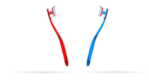 Vetor escove os dentes, boca, conceito odontológico. duas escovas de dentes vermelhas e azuis em um fundo branco. copie o espaço. ilustração vetorial