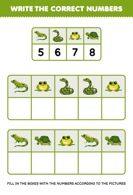 Escreva os números certos na caixa de acordo com o animal verde bonito na folha de trabalho de animais de estimação da mesa