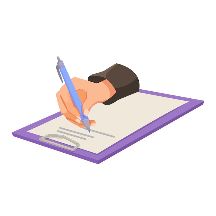 Vetor escrita à mão em clipboard com caneta em estilo simples ilustração vetorial