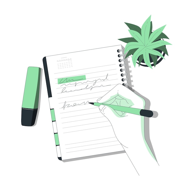 Escrita à mão num caderno ao lado de um destacador e de uma planta