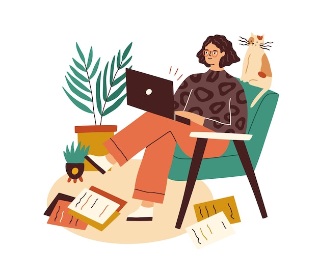 Escritor criativo com laptop e papéis espalhados. autor feminino trabalhando com cópias e computador. mulher criando, compondo e escrevendo. ilustração em vetor plana isolada no fundo branco.