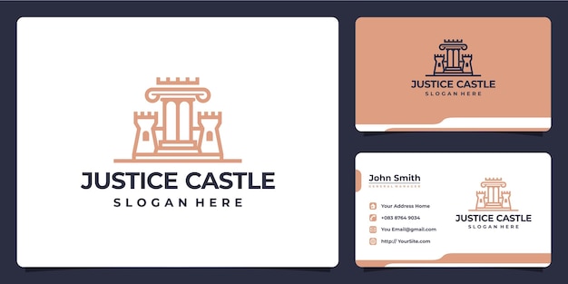 Escritório de advocacia de justiça combinado com design de logotipo de luxo do castelo e cartão de visita