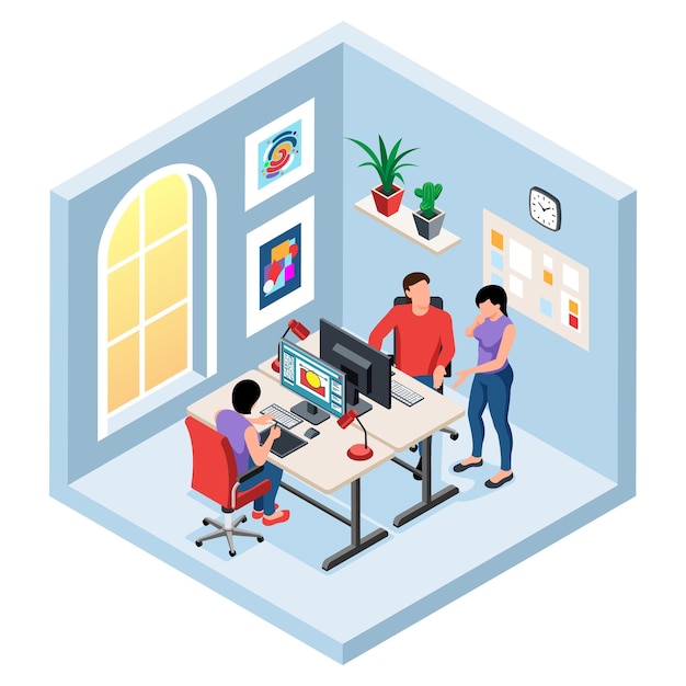 Escritório de estúdio de design com equipe de designers trabalhando juntos no projeto ilustração em vetor 3d isolada isométrica