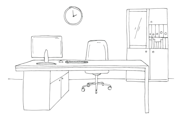 Escritório em um estilo de desenho Ilustração vetorial de móveis de escritório desenhados à mão
