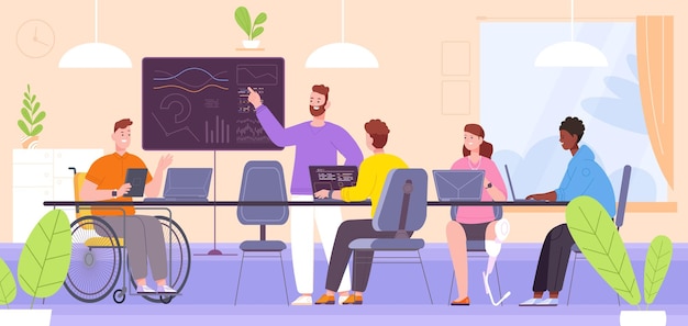 Escritório inclusivo Inclusão diversidade equidade local de trabalho diversas pessoas trabalho em equipe trabalhador de comunicação em cadeira de rodas em reunião de trabalho handicap gerenciando ilustração vetorial de inclusão de equipe de escritório
