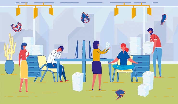 Vetor escritório moderno e funcionários da empresa trabalhando duro.