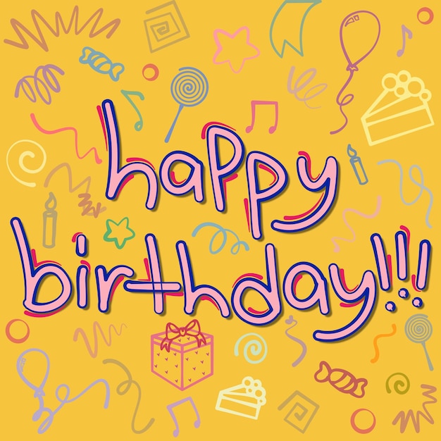 Escritura à mão de aniversário feliz letras à mão com bonito desenho de modelo de cartão de cartaz.