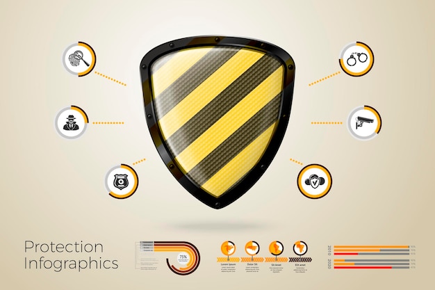 Vetor escudo 3d realista com infográficos de negócios, ícones e gráficos isolados no fundo brilhante.