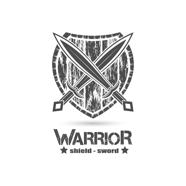 Escudo de estilo grunge e ícone de espada cruzada, logotipo de emblema guerreiro, vetor de ilustração de silhueta