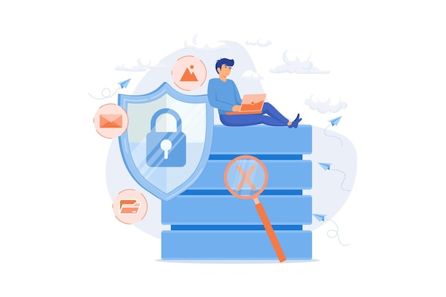 Escudo de proteção com dados de lupa de bloqueio Privacidade de segurança na Internet e trabalho seguro de proteção de dados