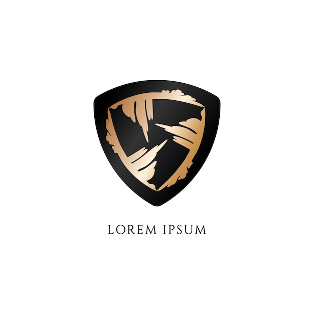 Escudo militar metálico decorativo isolado no fundo branco textura de madeira tema de cor preta e dourada ilustração em vetor estoque elemento de design de logotipo