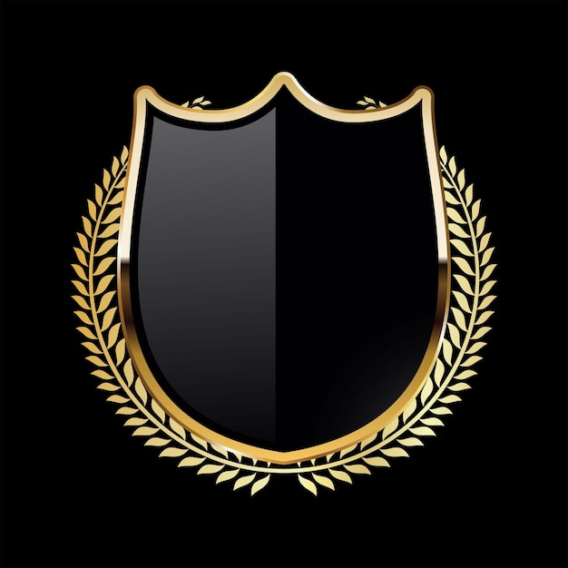 Vetor escudo preto com coroa de louros dourada em fundo preto