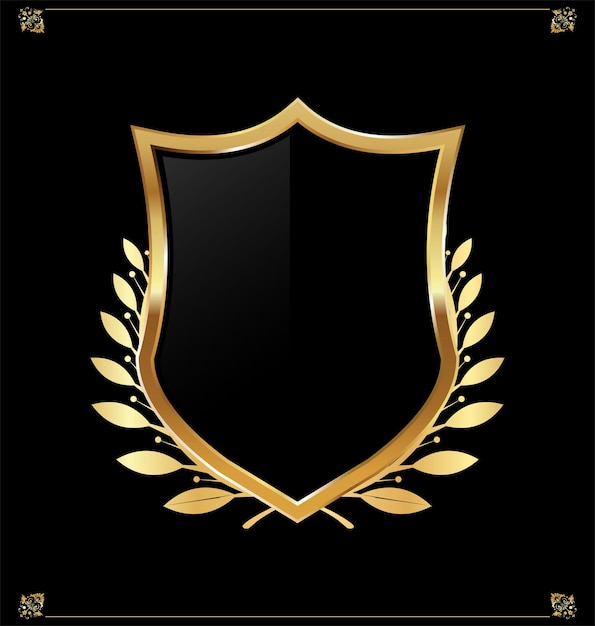 Vetor escudo preto e dourado com ilustração vetorial de coroa de louro