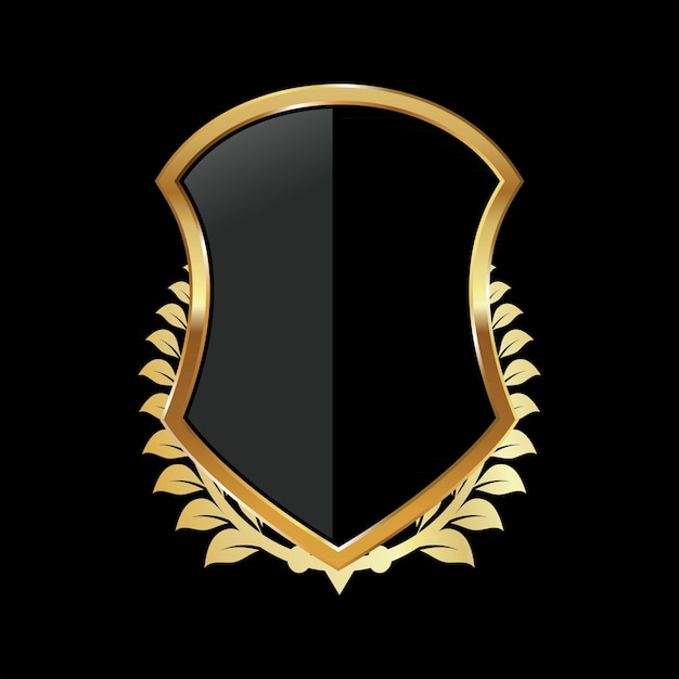 Escudo preto e dourado com ilustração vetorial de coroa de louro