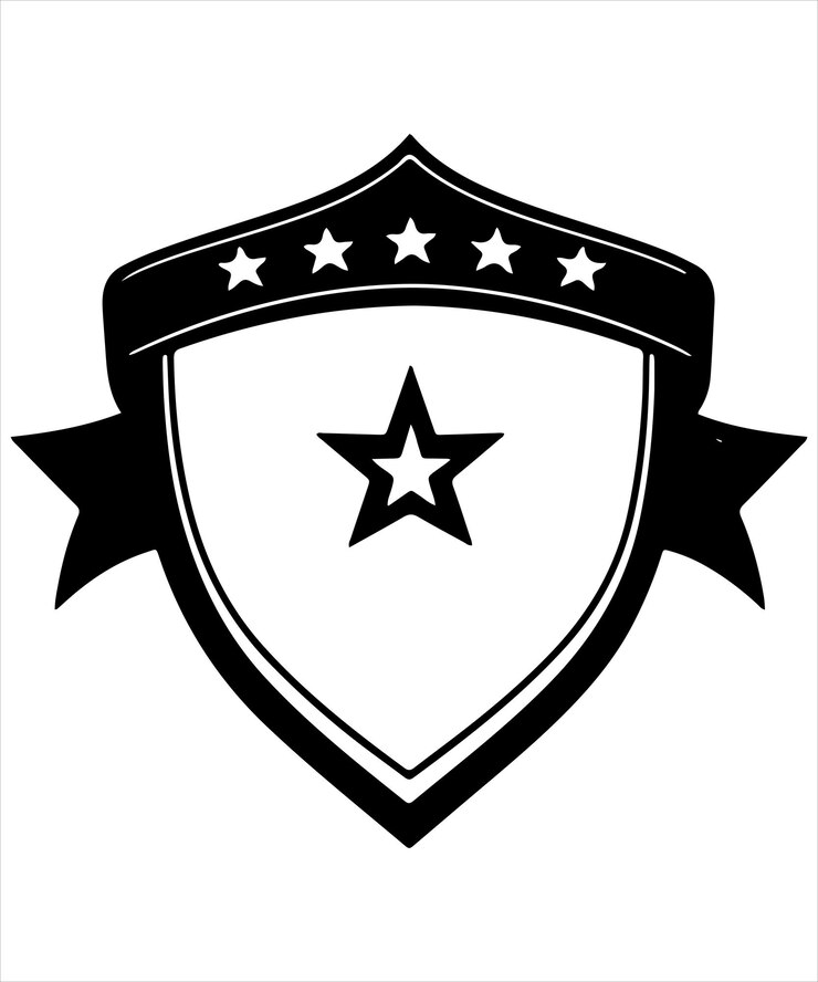 Vetor escudo preto elegante com fita e emblema de estrela