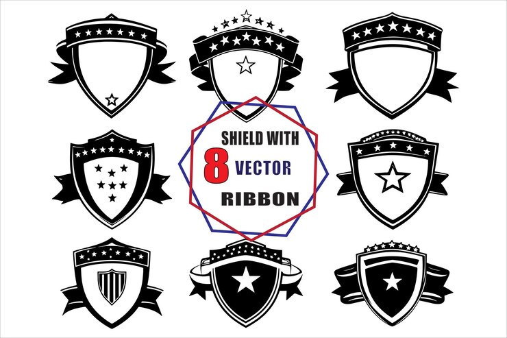 Vetor escudo preto elegante com fita e ilustração de vetor de estrela