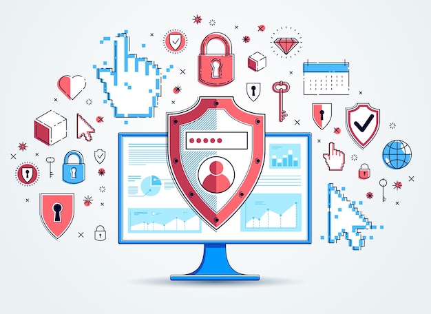 Escudo sobre monitor de computador e conjunto de ícones, conceito de segurança de dados privados, antivírus ou firewall, proteção de finanças, design de linha fina plana de vetor, elementos podem ser usados separadamente.
