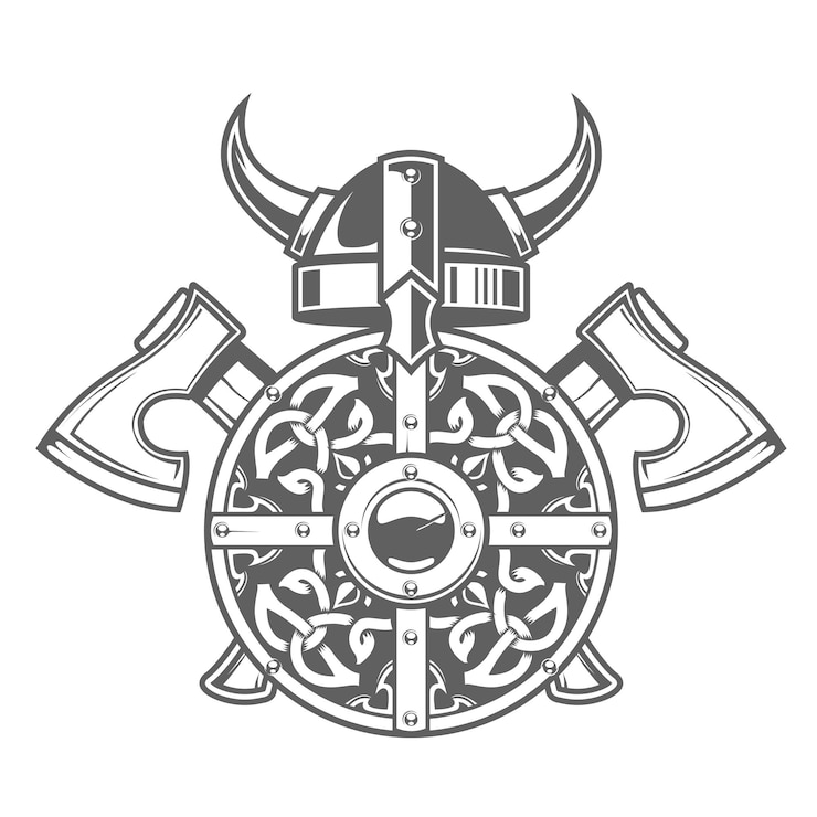 Vetor escudo viking redondo com capacete bárbaro com chifres de padrão celta e dois machados cruzados
